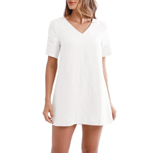 Amazhiyu Tshirt Kleid Damen, Leinenkleid Shirtkleid Kurz Damenkleider Sommer A Linie Kleid V-Ausschnitt Minikleid Kurzarm Mit Reißverschluss, Weiß,...
