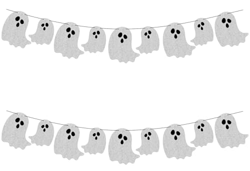 2pcs Halloween Hanging Ghost Banners - NO DIY - Pre-Strung Garland, Halloween Ghost Decorations for Haunted Houses Doorways Party Wall Fireplace