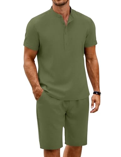 COOFANDY Men's 2 Pieces Set Short Sleeve Henley Shirts and Shorts Pants Texture Summer Beach Vacation Outfits