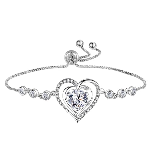 14K White Gold Plated Heart Bracelet for Women, Zircon Inlay Love Heart Charm Chain Bracelet Bangle with Adjustable Length