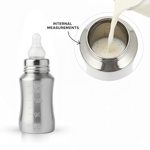 Image of Speedex Stainless Steel Baby Feeding Bottle 140ml with Silicone Grip & ML Marking | BPA Free, Anti-Colic Medium Flow Nipple | Leak Resistant 304 Grade Steel Infant Milk Bottle for Newborn Babies