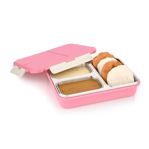 Image of Vinod GO-Tiffin Stainless Steel 3 Compartment Insulated Lunch Box | Pink | Leaf-Proof, Vacuum Sealed & Air Tight | Tiffin Box for Office, Kids & Adults | Freezer Safe | with Safety Lock