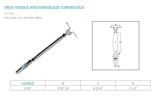 Prolinemax Marine Stainless Steel T316 Cable Deck Toggle y Tensores Swageless 3/16" miniatura 2