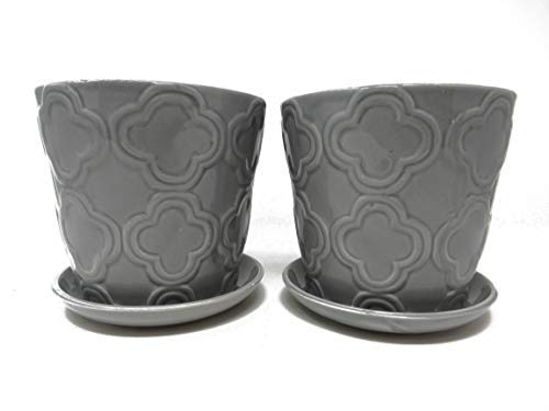 Ashes to Beauty Geometric Ceramic Planter Pot for Garden Flowers, Cactus Plant, with Drain Hole and Saucer, Set of 2 (Grey)