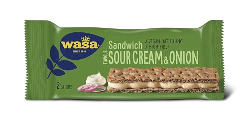Wasa Sandwich Sour Cream & Onion 24x33g | Ballaststoffreicher Sandwich-Knäckebrot-Snack aus Vollkornroggen-Knäckebrot und veganer Sauerrahm-Zwiebel-Füllung, je 2 Sticks, Perfekt für unterwegs