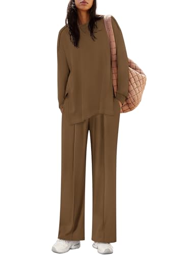 Womens Sweatsuits 2 Piece Sets Fall Side Slit Sweatshirt Wide Leg Sweatpant Airport Travel Outfits Tracksuits