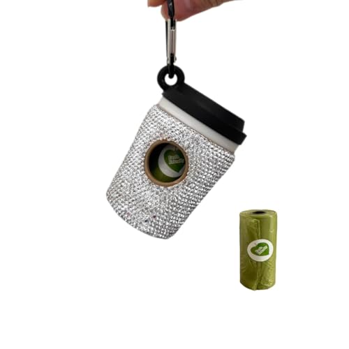 Dimond Bling Coffeecup leak-proof Dog poop bag holder for Leashes with Carabiner,Rhinestone crystal dog waste bag dispenser,Includes 15 Fresh Scented Bags,pet accessories for gifting, wedding