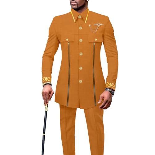 Men`s Suits African Clothes Slim Fit Embroidery Single Breasted Zip Blazer and Pants Set Formal Outfits