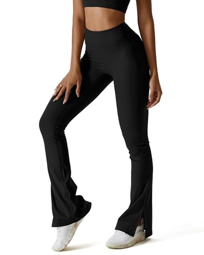 Challengym Womens Ribbed Flared Leggings Slit Hem High Waist Bootcut Yoga Pants Workout Bootleg Pants Black