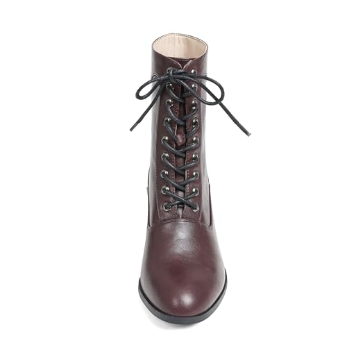Image of Women's Victorian Ankle Boots - Mid Calf, Round Toe, Black Boots with Chunky Heel & Lace Up Detail