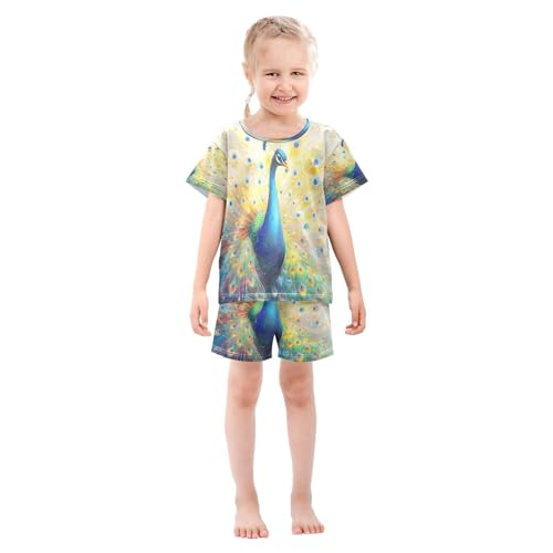 ALAZA Beautiful Color Feather Peacock Pajamas Set Short Sleeve Cotton Sleepwear Summer Pjs 2 Piece 5-14Y3