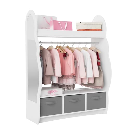 KEEPREAPER Kinder Kleiderschrank Kinderkleiderständer mit Boxen, Kleiderstange, Spiegel und Ablagen, Kindergarderobe aus Holz, Kinderregal 81 x 28 x 106,5 cm (Wolken mit 3 Schubladen, Weiß)