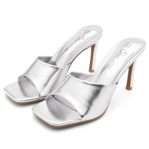 Image of Shoe Land Melrose Women's High Heels Stiletto Heeled Slides, Square Open Toe One Band Slip-On Heeled Mules - Dressy Clear Heeled Sandals for Prom Party Wedding and Vacation