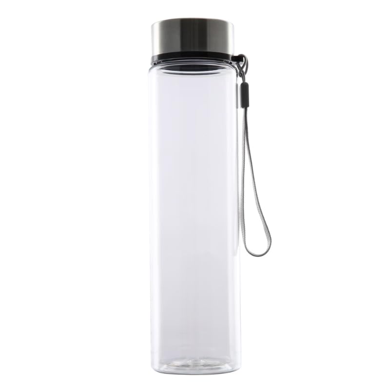 Clear Plastic Water Bottle with Stainless Steel Screw Cap Lid and Carrying Strap, 18 oz