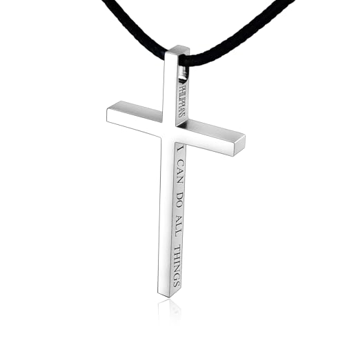 Leather Cross Necklace for Men, Large Cross Pendant with Bible Verse, 24''26''28'' Black Leather Rope, 316 Stainless Steel Cross