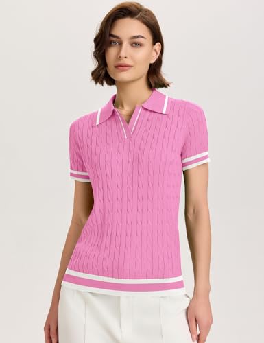 Image of Micoson Womens Short Sleeve Sweater Tops Lapel V Neck Polo Shirts 2026 Summer Cable Knit Loose Blouse Business Casual Outfits
