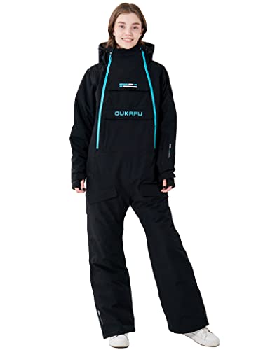 OUKAFU Women One Pieces Ski Suits Waterproof Ski Jumpsuits Winter Onesies Snowsuits Snowboard Coveralls for Snow Sports(Black, L)