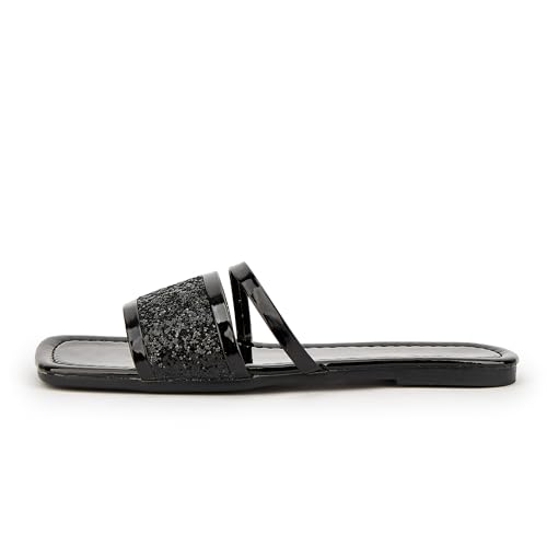 Image of Women's Open Toe Flat Sandals Rhinestone Glitter On Casual Fashion Slippers Quick Drying Indoor & Outdoor Slides