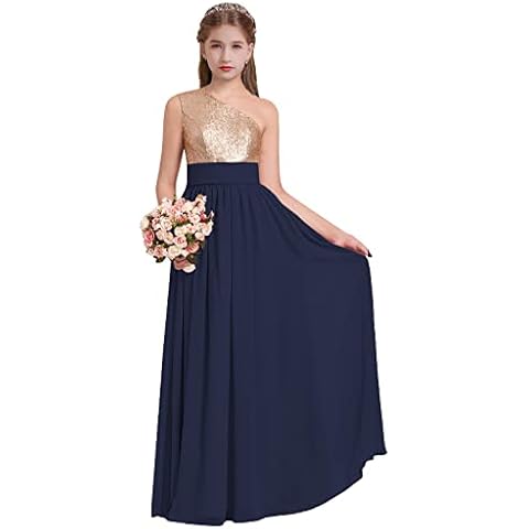 M_RAC Junior Bridesmaid Dresses One Shoulder Sequined Long Chiffon Flower Girl Dresses for Wedding Party Gowns 10 Navy Cover