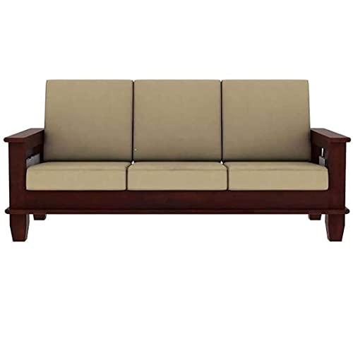 Image of Wooden Sheesham Wood Sofa Set 3 Seater for Living Room Furniture /Office Furniture Sofa Set | Without Pillow | Cream Cushions | Mahogany Finish