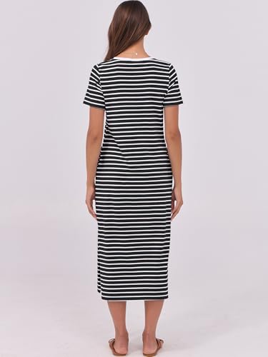 Image of ANRABESS Womens Midi Dress,Summer Long Tshirts Dresses,Short Sleeve Split Stripe,Comfy Travel Beach Vacation Casual Wear