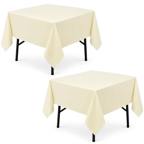 Image of 2-Pack 60x60 inch Beige Table Cloths, Solid Stain and Wrinkle Resistant Tablecloth, Premium Plain Weave Polyester Fabric Rectangle Table Linen Covers for Hotel, Banquet