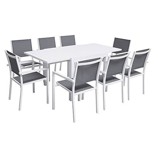 Happy Garden Salon de Jardin Venezia Extensible 90/180 en textilène Gris 8 Places - Aluminium Blanc