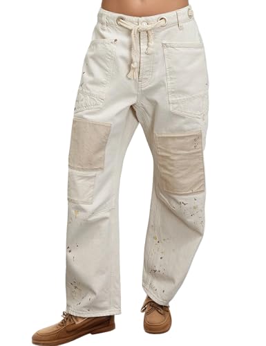 Mewunan Barrel Jeans for Women Mid-Low Rise Y2k Baggy Boyfriend Jeans with Pockets Ankle Denim Pants White