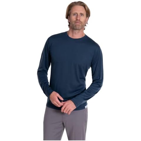 Woolly Clothing Men's Merino Wool Crew Neck Long Sleeve Shirt - Everyday Weight - Wicking Breathable Anti-Odor, Deep Sea, XXL Cover