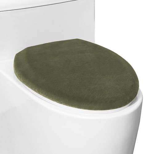 Comfortable Soft Plush Toilet Lid Cover for Bathroom Machine Washable Toilet Seat Covers Fits Most Round Elongated and Oblong Lids Easy Installation& Cleaning (Olive green)
