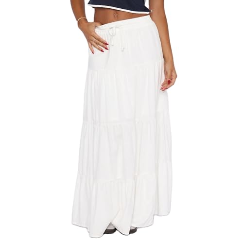 Y2k Women Boho Tiered Maxi Skirt Ruffle Pleated A Line Flowy Long Skirts Elastic Waist Beach Midi Skirt Casual