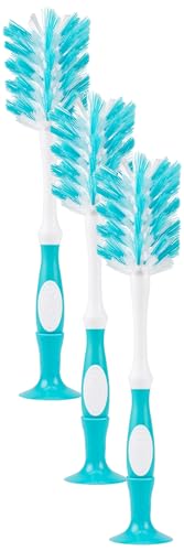 Image of Dr. Brown's Deluxe Bottle Brush for Cleaning Baby Bottles, Nipples, and Sippy Cups with Suction Cup Stand and Vent Brush, BPA-Free, Blue, 3-Pack
