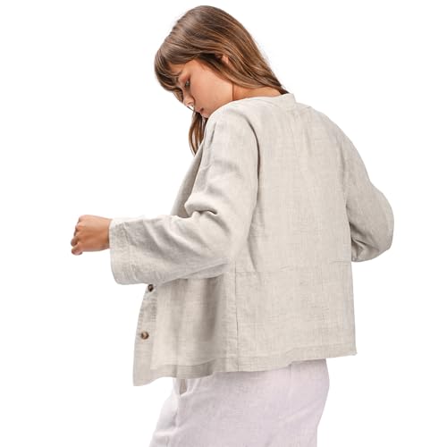 Image of Amazhiyu Women's 100% Linen Long Sleeve Button Up Crew Neck Lightweight Cardigan