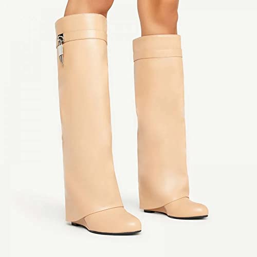 Image of keleimusi Fold Over Wedge Boots Heeled PadLock Pant Knee High Shoes Tall /Short Booties