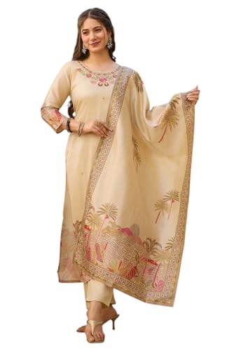 Image of Yashika Women's Beige Viscose Assam Silk Fabric Straight Printed Kurta, Pant and Dupatta Set | Kurta Set for Women