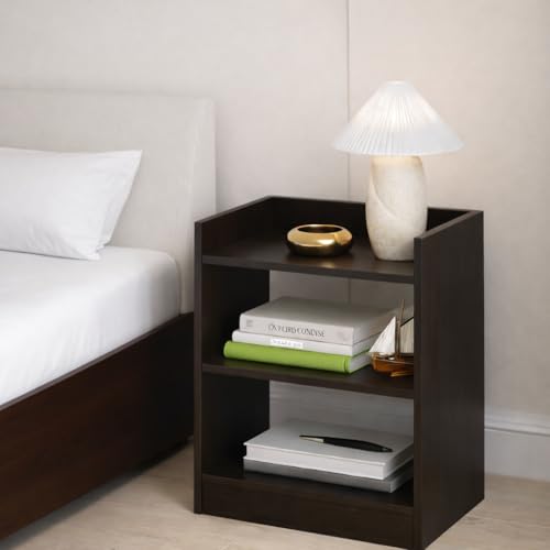 Image of Deion Modern Wooden Bedside Table for Bedroom & Living Room | Bed Side Table with 3-Tier Open Shelves Storage | Side Table /Night Stand /End Table /Sofa Side Stand for Home Decor | Dark Brown Finish