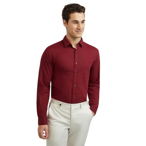 Image of Raymond Men Slim Fit Solid Pattern Linen Cotton Blend Regular Collar Full Sleeve Casual Shirt