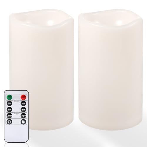 Image of NURADA 6 inch x 4 inch Large Outdoor Flameless Candles - Waterproof LED Pillar Flickering Candle Battery Operated with Timer Remote Control for Patio Porch Lanterns Decor - Long Lasting Set of 2