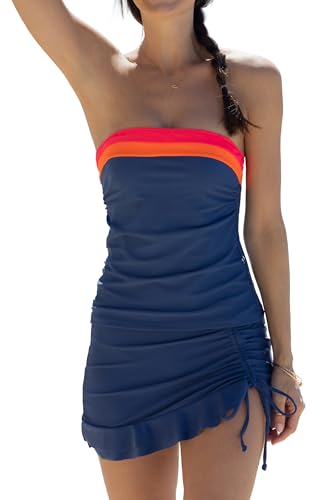 Beachsissi Bandeau Swimsuits for Women Strapless Swimwear Bathing Suits Tummy Control Color Block Tankini Skirt Sets