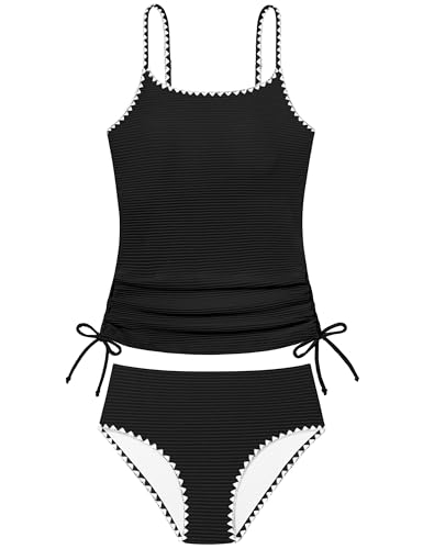 Image of Girls Tankini Swimsuit 2 Piece Set Unique Edge Girl Bathing Suit with Drawstring + Swim Briefs Swimwear Set for 9-16Y