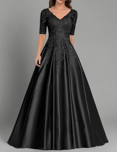 Mother of The Bride Dress Long Satin Prom Dresses Lace Applique Formal Evening Gown with Sleeve for Women2