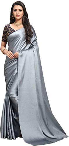 DREAMANGEL FASHION Womens Satin Silk Fancy Solid Saree (Unstitched, Grey)