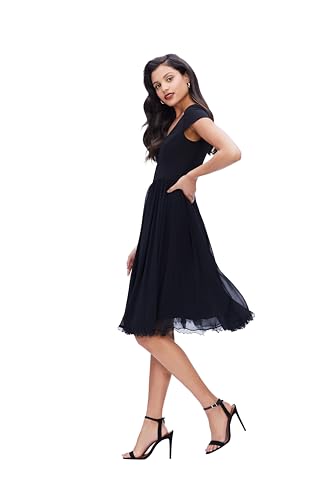 Dress the Population Women's Corey Plunging Mix Media Cap Sleeve A-line Midi Dress2