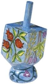 Yair Emanuel Small Wooden Dreidel with Seven Species of Israel Design and Stand