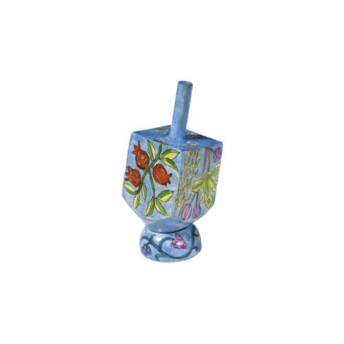 Yair Emanuel Small Wooden Dreidel with Seven Species of Israel Design and Stand