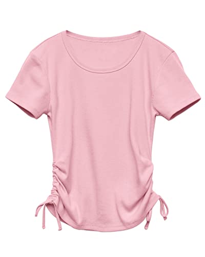 Imily Bela Girls Tees Shirts Cute Crew Neck Short Sleeve Side Drawstring Solid Tops Kids Children Summer Clothes Light Pink #TOP16