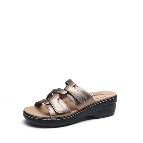 Image of DREAM PAIRS Women Arch Support Slide Sandals Adjustable Straps Slip On Wedge Sandals Casual Comfort Lightweight Flat Slides