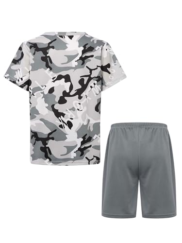 easyforever Kids Boys Sports Outfit Set Short Sleeve Camouflage Print T-shirt With Shorts For Soccer Basketball Workout Gray 11-12 Years2