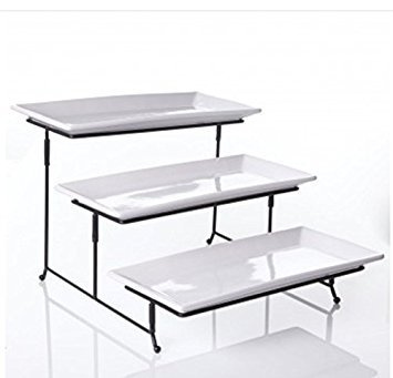 WCI 3 Tier Rectangular Serving Platter Set With Metal Rack - Three Tiered Dessert Cake Appetizer Set Display Tray Stand, WHITE