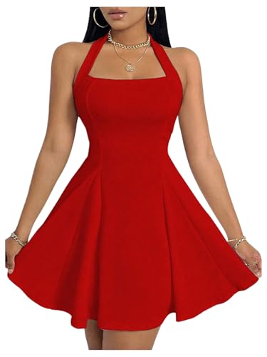 GORGLITTER Womens Halter Neck A Line Mini Dress Sleeveless Skater Dress